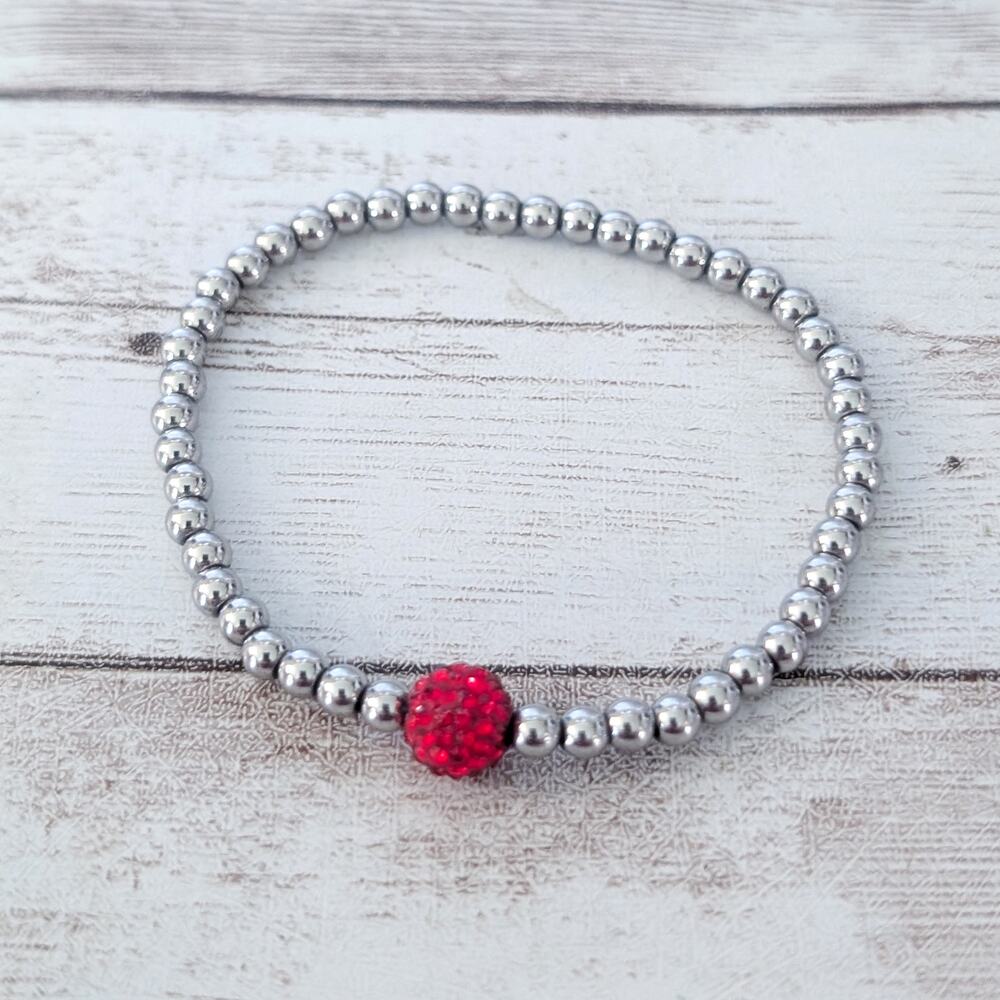 Silver Tone & Red Dainty Stretch Bracelet